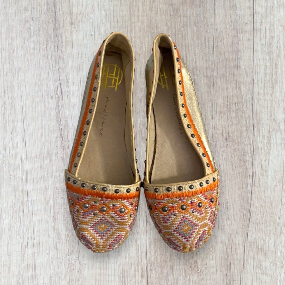 House of Harlow Embroidered Flats 37.5 Boho Espadrille Style Gold Orange Shoes